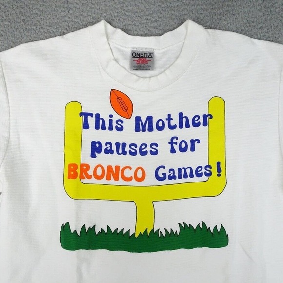 Vtg Oneita Super‎ Heavyweight Microstripe T-Shirt Denver Broncos Mother Pauses L - Picture 1 of 9